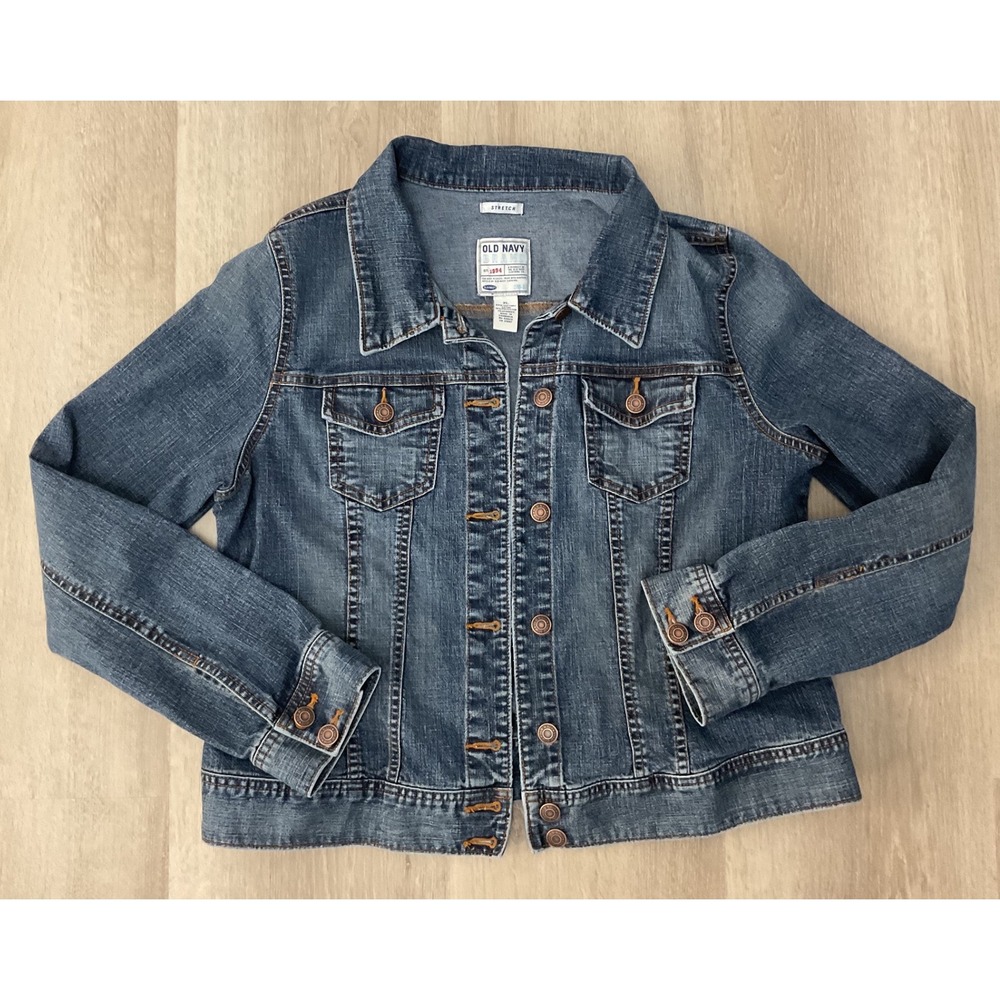 Old Navy Womens Medium Wash Blue Denim Stretch Trucker Jean Jacket Size XL VTG